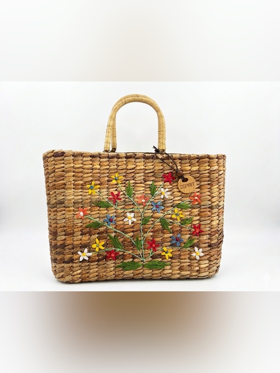 Esprit Handbags - Esprit de Corp Vintage 80s Floral Embroidered Straw Woven Boho Market Tote Bag